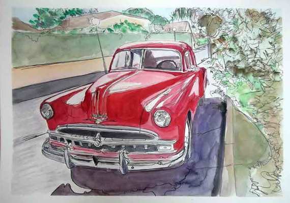 Pontiac Silver Streak 1949 à Balma (encre de Chine et aquarelle) image de paysage