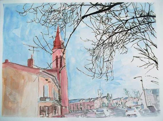 l'église de Balma, aquarelle image de paysage