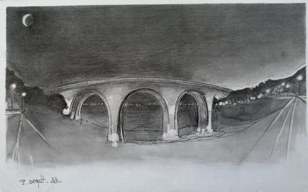 Le viaduc de Corbière, crayon graphite " Commande privée, en Partenariat avec Hout'Art Gallery & NPH. Chrysalids Studios" image de paysage