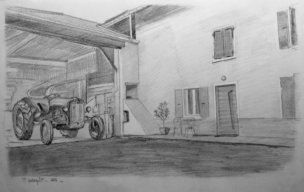 Ferme et tracteur Massey Ferguson, crayon graphite sur papier image de paysage