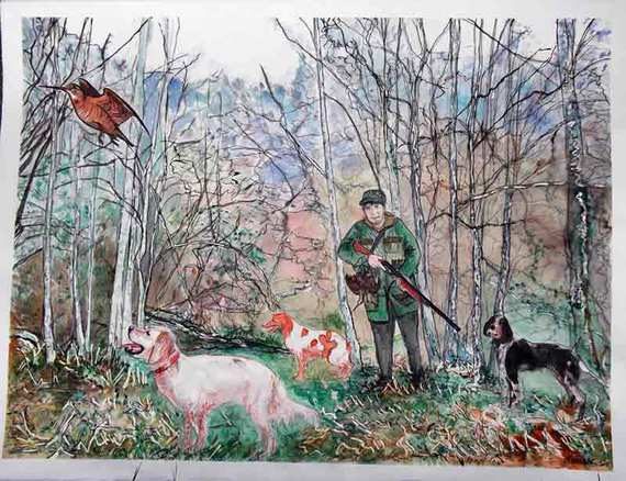 la chasse à la Bécasse, aquarelle image de paysage