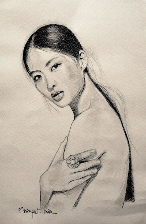 Li Jingwen, crayon noir sur papier, format demi-raisin (32,5 cm x 50 cm) image de portrait individuel
